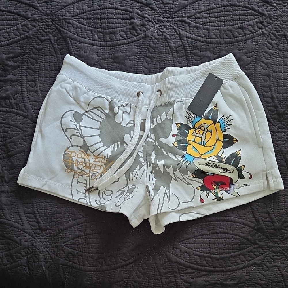 Ed Hardy Women's White Shorts with Colorful Graphic